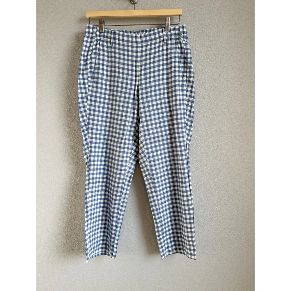 J.Jill Linen Stretch Pants Women S Blue Gingham Check Crop‎ Cottagecore Coastal